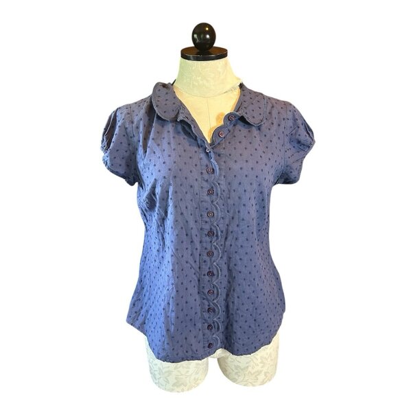 Boden Blue Textured Short Sleeves Scalloped Button Down Collared Blouse US 8 - Picture 1 of 8